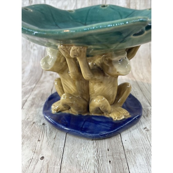 Majolica 3 Monkeys Holding Bowl Dish Centerpiece Large Great Condition - Picture 7 of 16